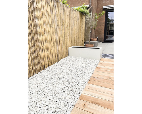 Buitenscène met bamboe omheining, witte sierkiezels, een plantenbak en een houten looppad.