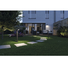 Verlichte tuin met gazon, stenen platenpad en moderne tuinverlichting