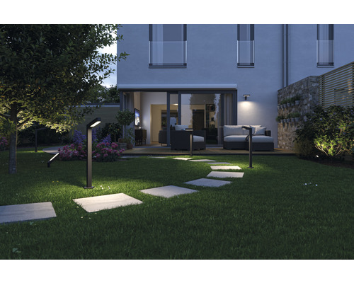 Verlichte tuin met gazon, stenen platenpad en moderne tuinverlichting