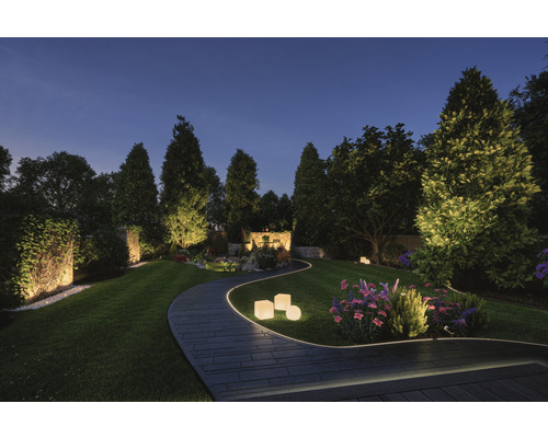 Verlicht tuinpad met decoratieve lampen en tuinvijver in de avond