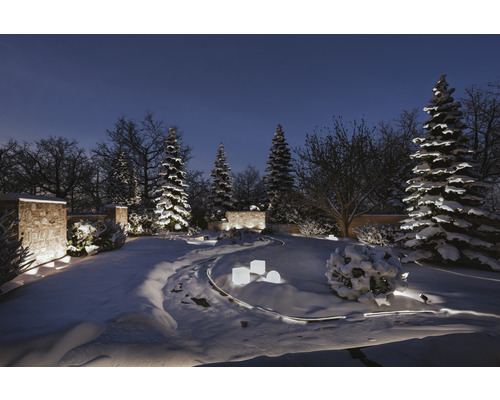 Winterlandschap met besneeuwde bomen en verlicht tuinpad in de nacht