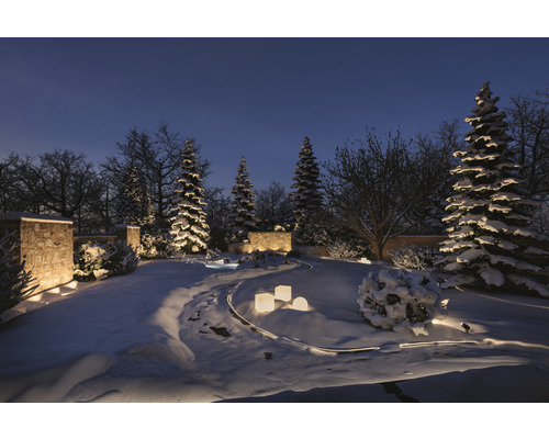 Wintertuin met sneeuw en tuinverlichting