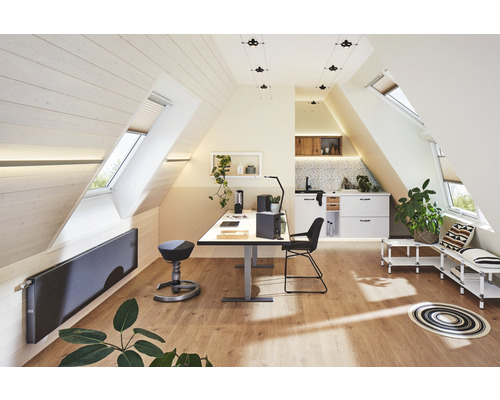 Lichte zolderkamer met dakramen, bureau en kitchenette