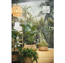 Decoratieve badkamer met tropisch behang, planten in gevlochten manden, bamboe rek en rotan lamp