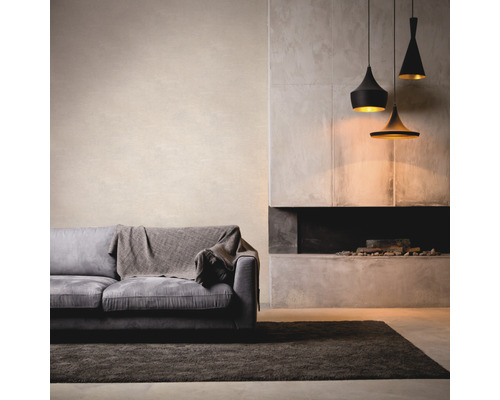 Woonkamer met bank, vloerkleed, open haard en hanglampen