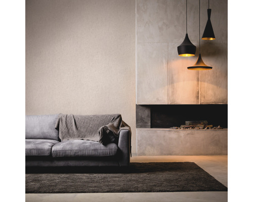 Woonkamer met bank, tapijt, open haard en drie hanglampen