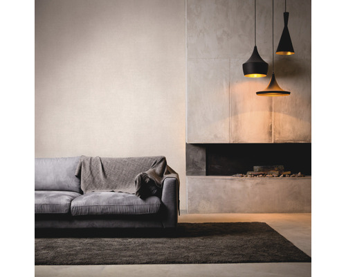 Woonkamer met bank, tapijt, open haard en drie hanglampen