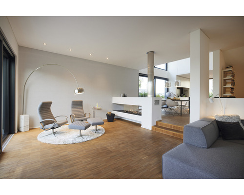 Lichte woonkamer met open haard, fauteuils en staande lamp