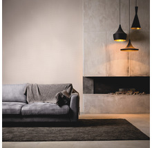 Woonkamer met bank, vloerkleed, open haard en hanglampen