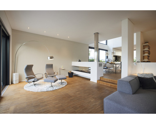 Lichte woonkamer met fauteuils, open haard en houten vloer.