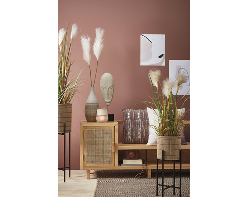 Woonkamerontwerp met dressoir, bank, kussens, decoratie en planten