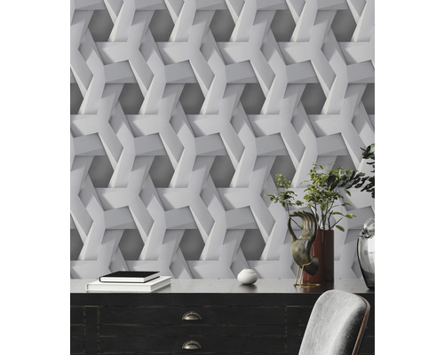 Behang met driedimensionaal vlechtpatroon in grijs