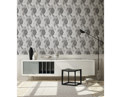 Woonkamer met driedimensionaal designbehang, dressoir, kruk en vloerkleed