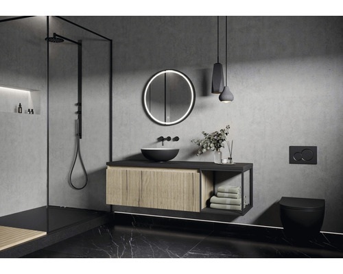 Badkamer met douche, wastafel, spiegel en toilet in donker design