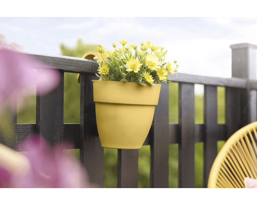 Gele balkonbak met gele bloemen aan de reling