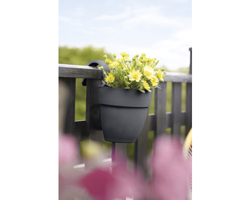 Grijze balkonbak met gele bloemen aan de reling