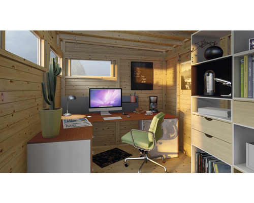 Lichte studeerkamer met houten lambrisering, bureau, bureaustoel en rek