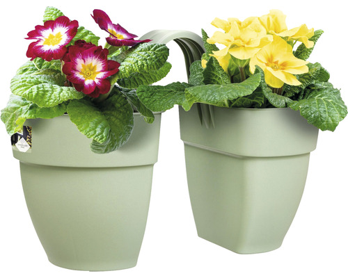 Dubbele bloembak met rode en gele sleutelbloemen