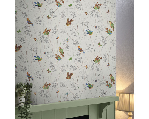 Behang met vogel- en vlinderpatroon