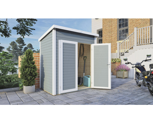 Tuinhuis met openstaande dubbele deuren op een bestrate ondergrond