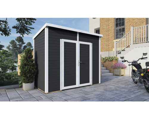 Houten tuinhuis met dubbele deur voor een huis