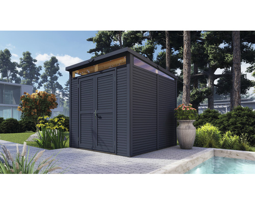 BERTILO Tuinhuis Woodline met lessenaarsdak en vloer antraciet, 226x234 cm Houten tuinkast met dubbele deur en bovenlicht in de tuin