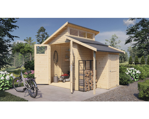 Houten tuinhuis met open deuren en fietsen ervoor