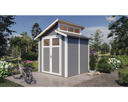 Tuinhuis met dubbele deur en bovenlicht in de tuin