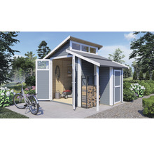 Tuinhuis met dubbele deur, enkele deur, ramen en houtopslag in de tuin