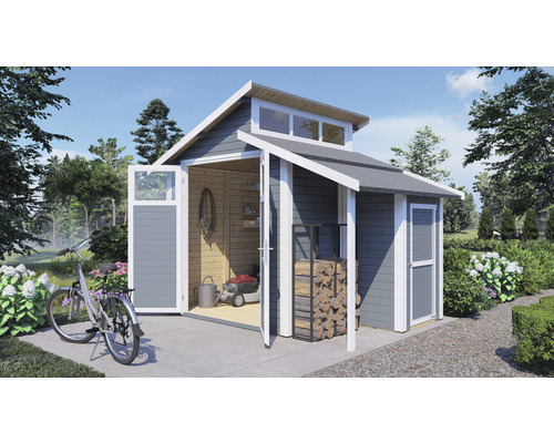 KONSTA Tuinhuis Studio set 2 incl. vloer en aanbouwkast lichtgrijs, 290x202 cm Tuinhuis met dubbele deur, enkele deur, ramen en houtopslag in de tuin