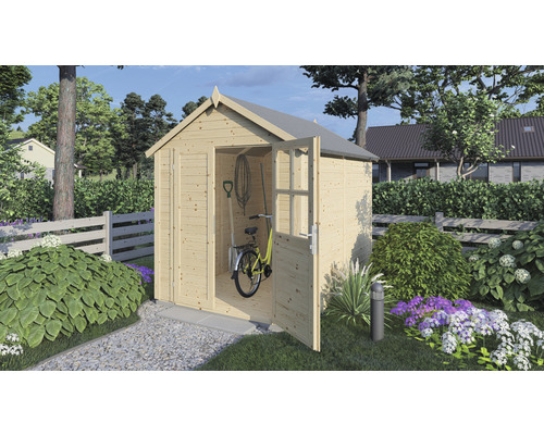 Tuinscène met houten tuinhuis met open deur en gele fiets