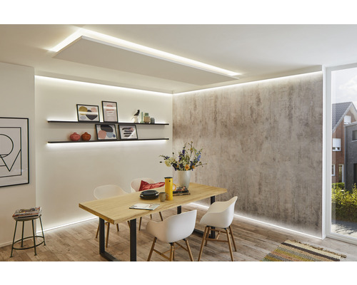 Eetkamer met eettafel, stoelen, planken en plafondverlichting