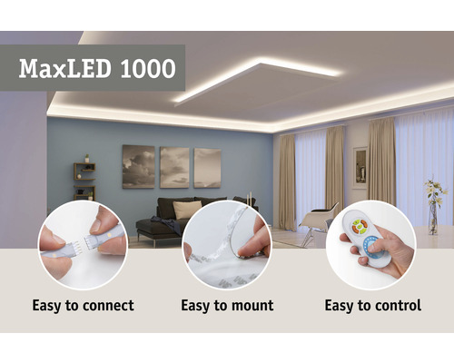 MaxLED 1000 LED strips in de woonkamer met eenvoudige aansluiting, eenvoudige montage en eenvoudige bediening