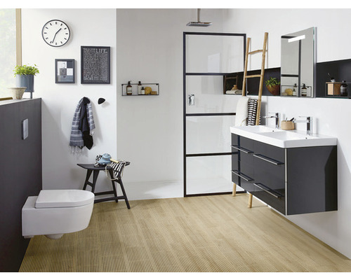 Lichte badkamer met toilet, wastafelmeubel met twee wastafels, spiegel, douche en decoratieve artikelen.