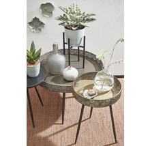 Decoratieve scène met diverse bijzettafels, planten en vazen op een vloerkleed.
