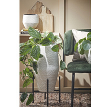 Decoratieve kamerplant in witte bloempot op een standaard naast een groene stoel.