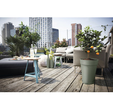 Daktuin met zithoek, tafel en potplanten tegen een stadsachtergrond