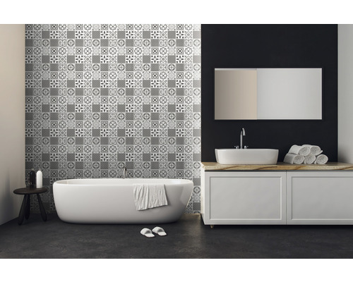 D-C-FIX Plaktegel PVC zelfklevend oriental grijs 30,5x30,5 cm 6 stuks Badkamer met bad, wastafel en wandtegels met patroon
