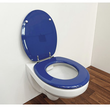 Wandtoilet met opengeklapte, gekleurde toiletbril