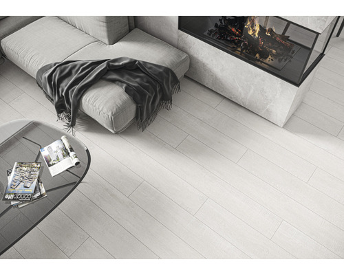 Lichte woonkamer met bank, salontafel, open haard en houtlook vloertegels