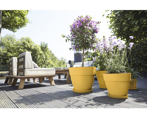 Terrasoverzicht met gele bloempotten en tuinmeubelen