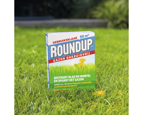 Roundup Gazon Onkruidvrij verpakking op gras