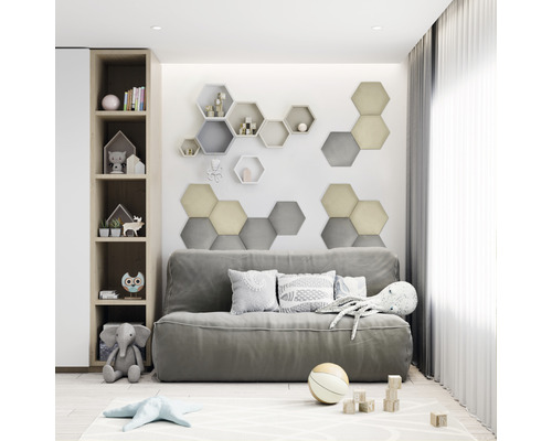 Kinderkamer met planken, sofa en speelgoed