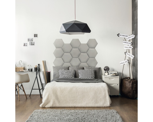 MOLLIS Wandkussen Hexagon grijs 29x34 cm Slaapkamer met bed, nachtkastje, bureau en geometrische lamp