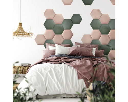 MOLLIS Wandkussen Hexagon oud roze 29x34 cm Slaapkamer met bed, textiel en zeshoekige wandpanelen