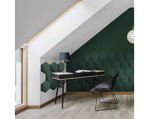 MOLLIS Wandkussen Hexagon donkergroen 29x34 cm Aantrekkelijke studeerkamer met bureau, lamp, stoel en zeshoekige wandpanelen