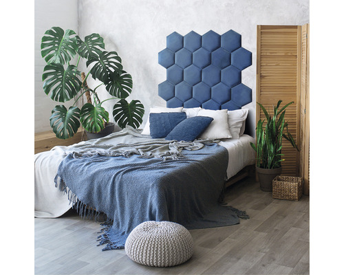 MOLLIS Wandkussen Hexagon donkerblauw 29x34 cm Slaapkamer met bed, zeshoekig hoofdeinde, planten en houten kamerscherm