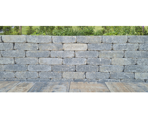 Muur van grijze stenen met beplanting