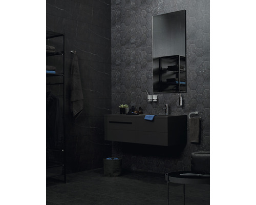 Moderne badkamer met donkere tegels en wastafelmeubel