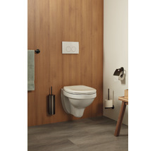 Moderne badkamer met wandcloset, bedieningspaneel, toiletborstel en papierhouder.